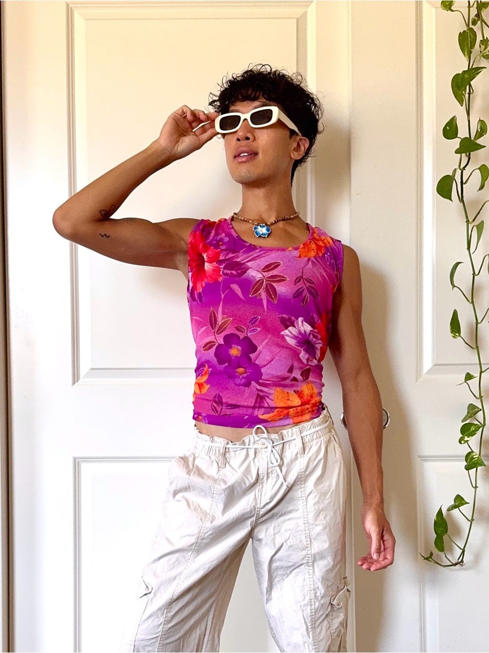 Y2K Purple & Pink Tropical Floral Sleeveless Shirt